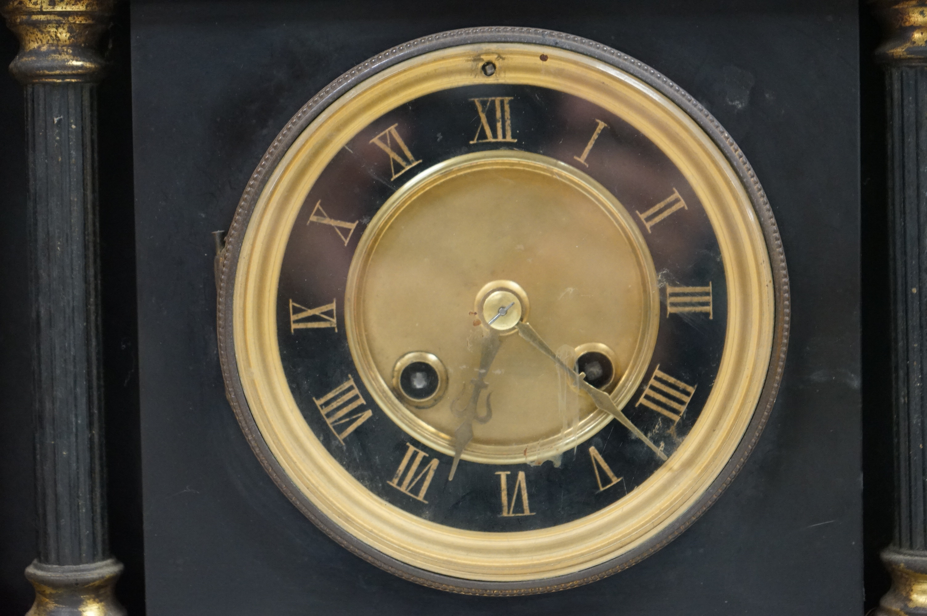 A Victorian black slate mantel clock, 39.5cm wide. Condition- fair to good